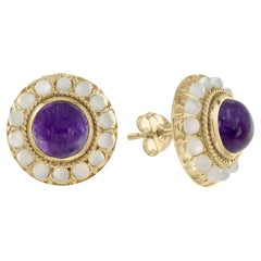Cabochon Amethyst and Moonstone Halo Stud Earrings in 14K Yellow Gold