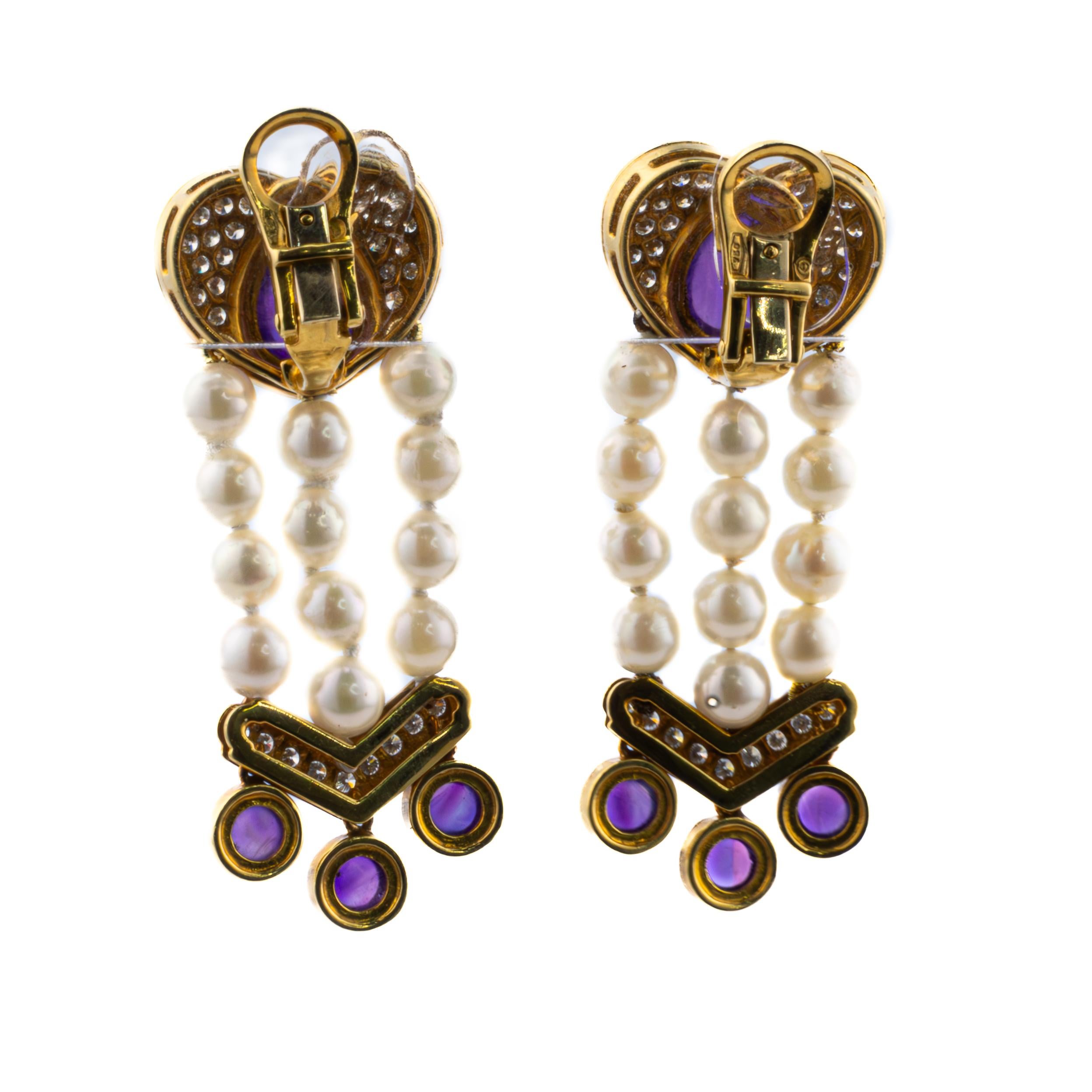 Rétro Boucles d'oreilles pendantes en forme de coeur en améthyste cabochon et perles en vente