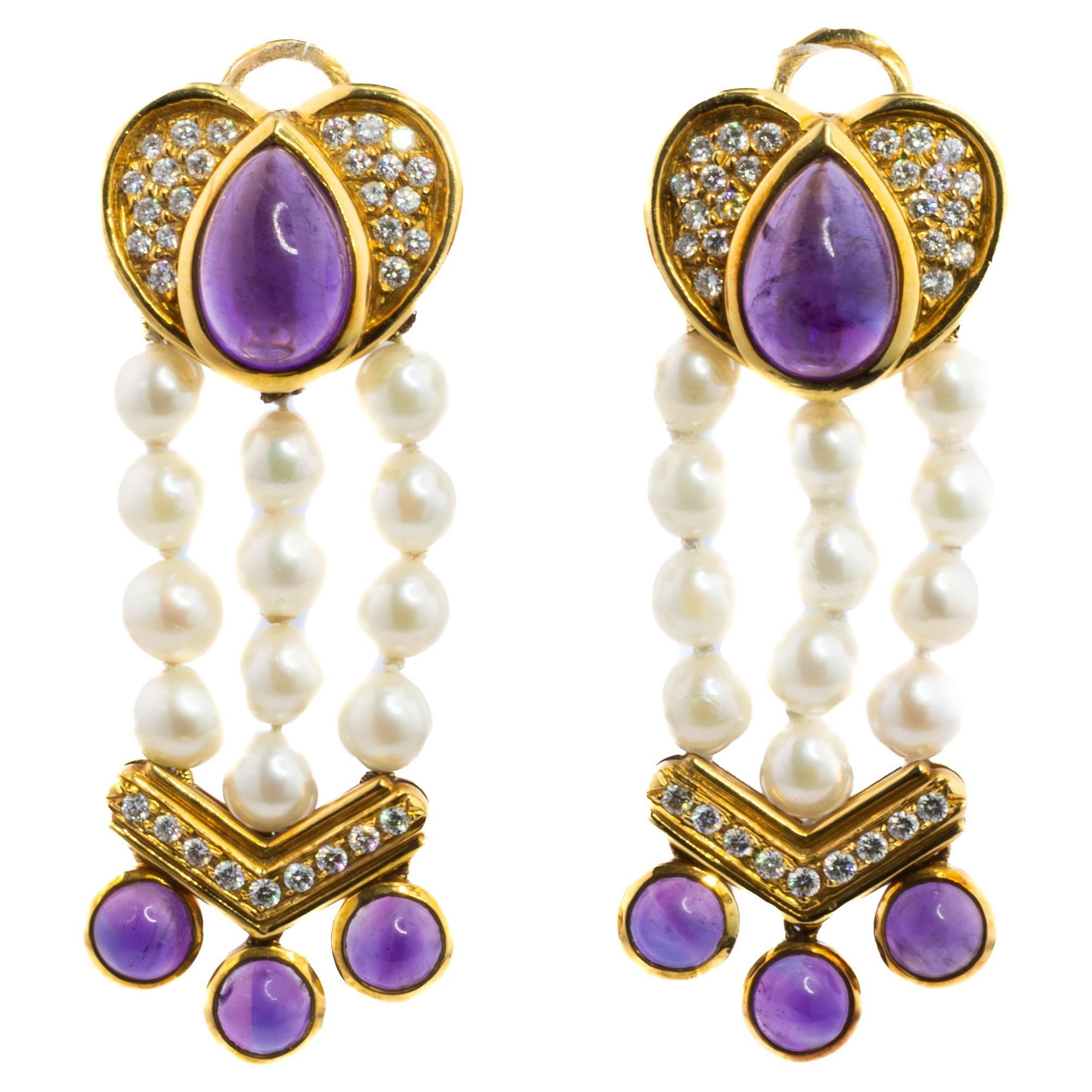 Boucles d'oreilles pendantes en forme de coeur en améthyste cabochon et perles