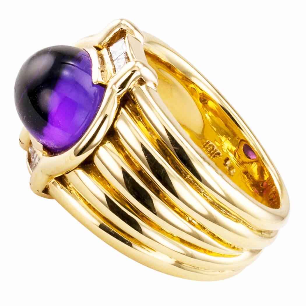 Cabochon Amethyst Diamond Gold Ring In Excellent Condition In Los Angeles, CA