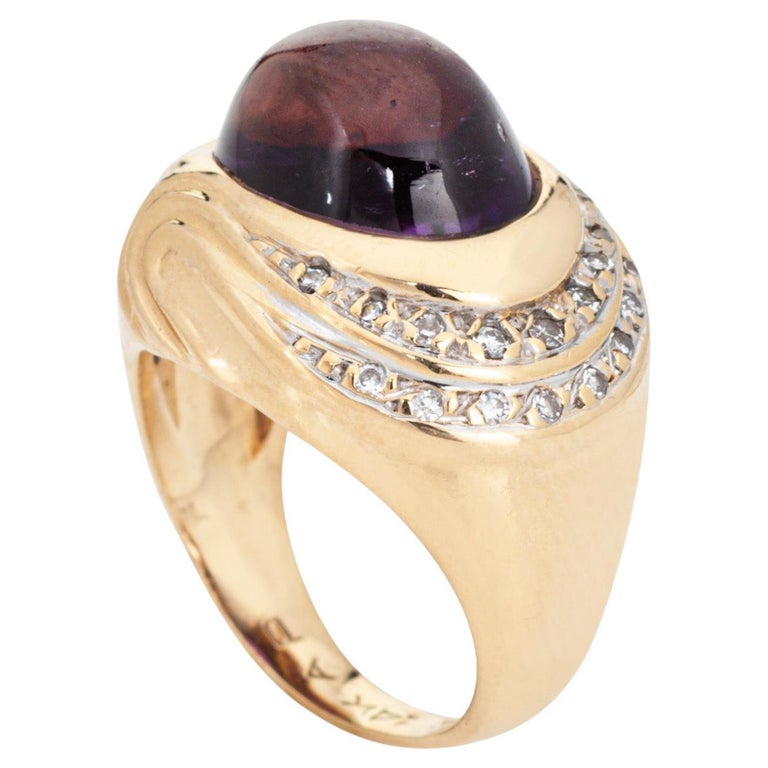 Cabochon Amethyst Diamond Ring Circle Fine Art Vintage 14k Gold Sz