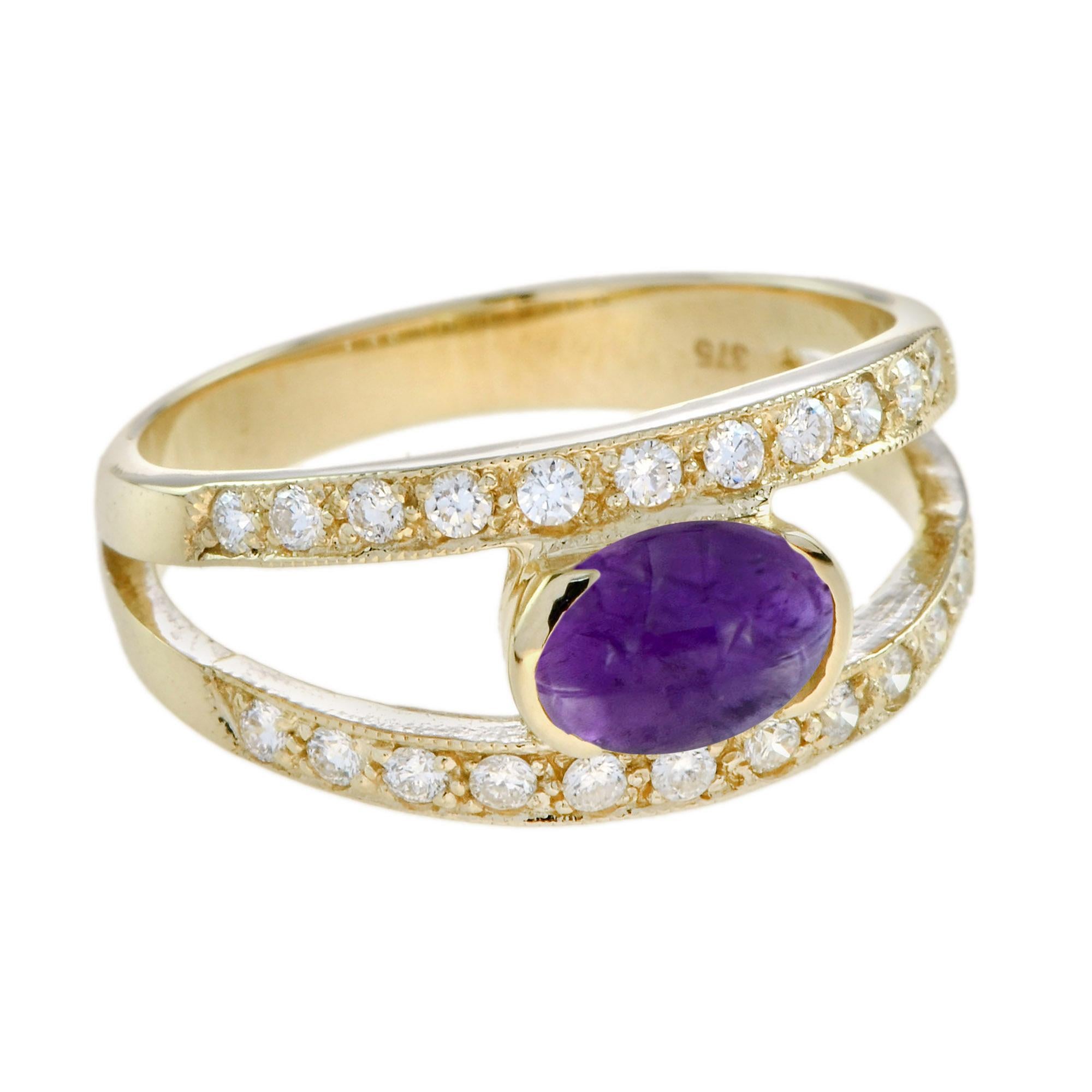 Art Deco Cabochon Amethyst Diamond Vintage Style Ring in 9K Yellow Gold For Sale