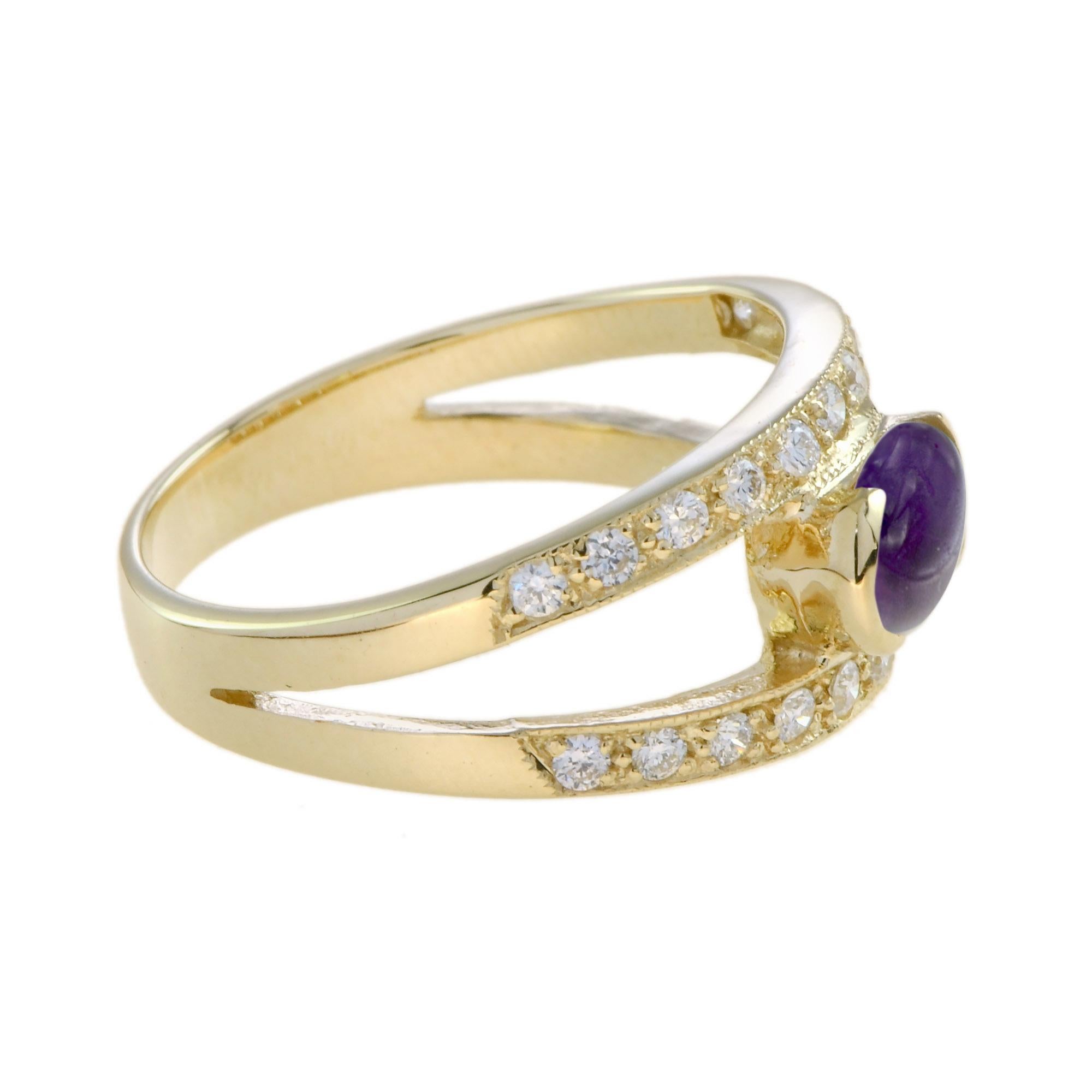 Oval Cut Cabochon Amethyst Diamond Vintage Style Ring in 9K Yellow Gold For Sale