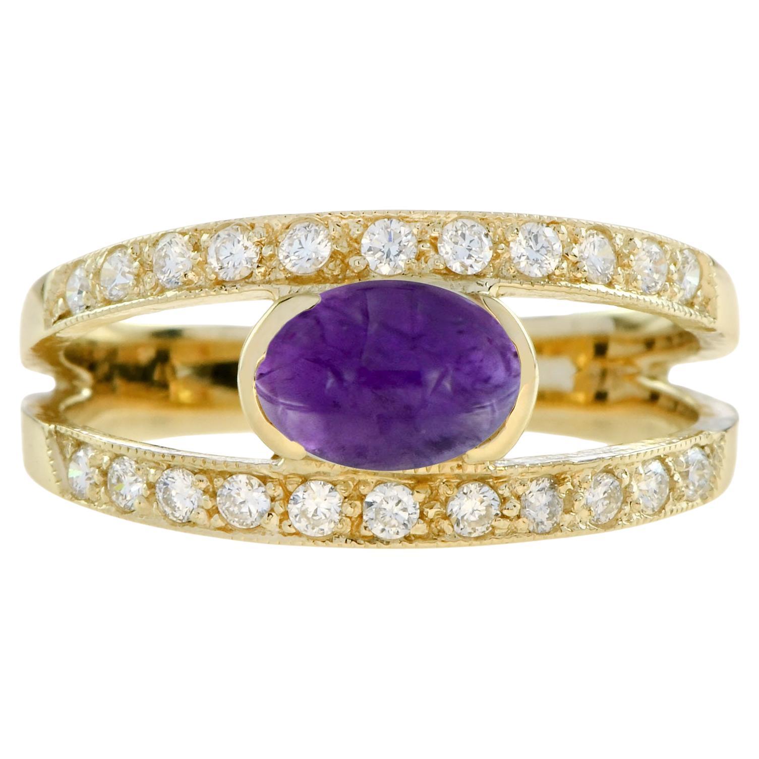 Cabochon Amethyst Diamond Vintage Style Ring in 9K Yellow Gold