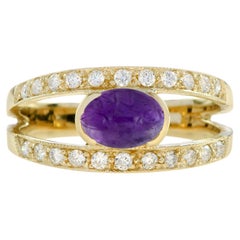 Cabochon Amethyst Diamond Vintage Style Ring in 9K Yellow Gold