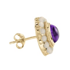 Cabochon Amethyst & Moonstone Halo Set 14K Yellow Gold Stud Earrings