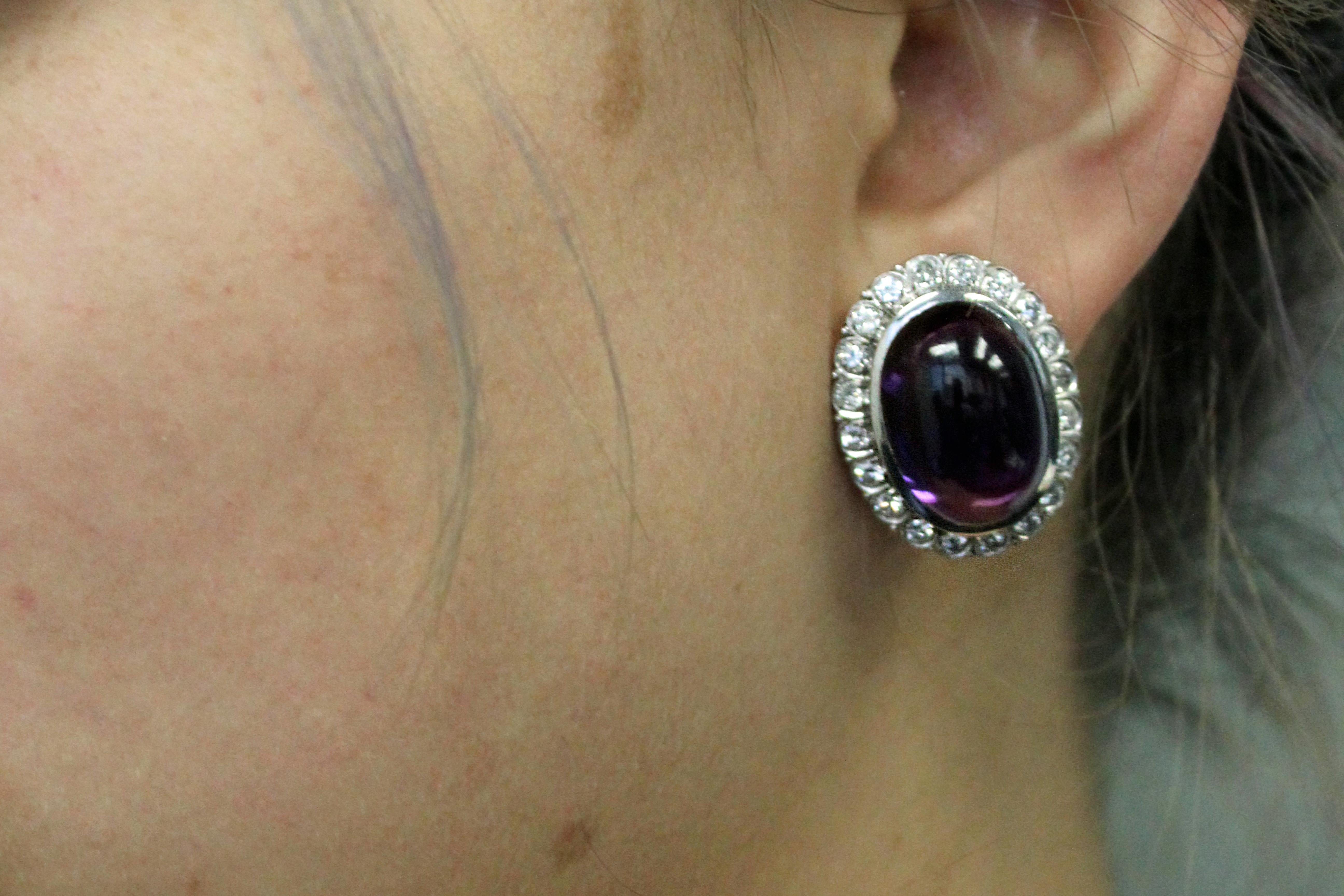 Women's or Men's Cabochon Amethyst Platinum Diamond Earrings For Sale