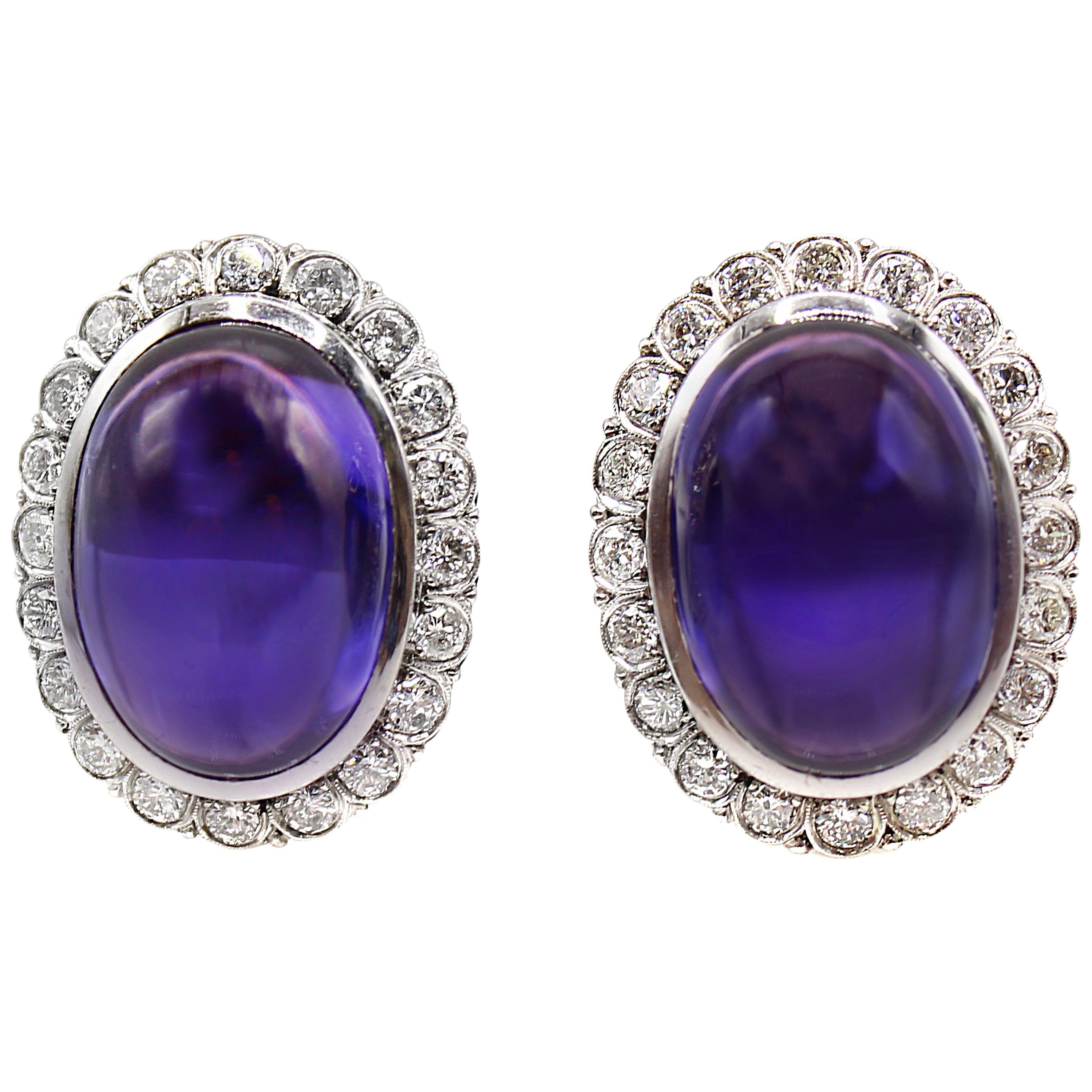 Cabochon Amethyst Platinum Diamond Earrings