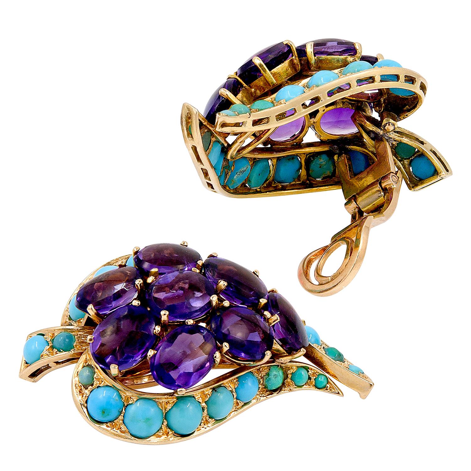 Cabochon Amethyst, Turquoise Paisley Brooch & Earrings
An 18k yellow gold paisley motif  brooch and ear clips, set with cabochon amethyst and turquoise, circa 1970s
brooch measures approx. 2.25″ in length by 1.25″ in width
earrings measure approx.