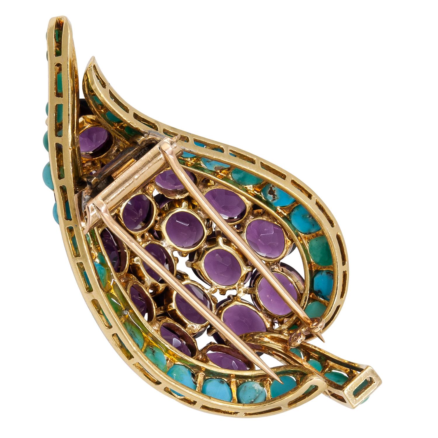 Mixed Cut Cabochon Amethyst, Turquoise Paisley Brooch & Earrings