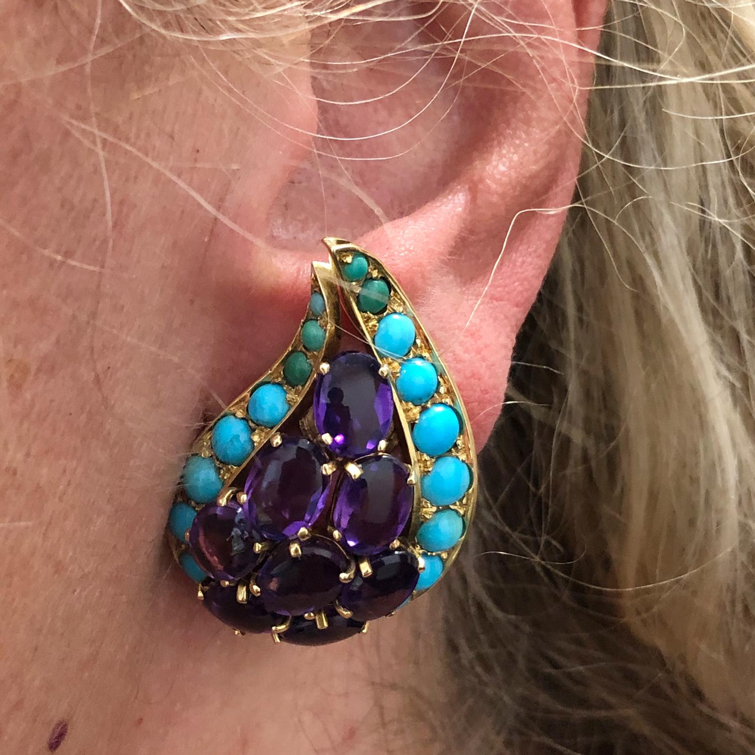 Women's Cabochon Amethyst, Turquoise Paisley Brooch & Earrings