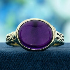 Cabochon Amethyst Vintage Style Carved Ring in Solid 9K Yellow Gold