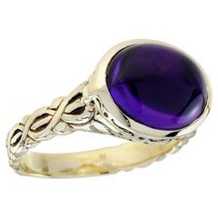 Cabochon Amethyst Vintage Style Carved Ring in Solid 9K Yellow Gold