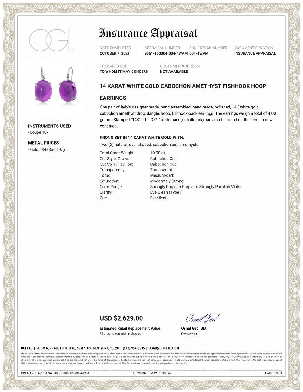 Fourteen karats white gold Fishhook hoop drop earrings 
Cabochon amethyst weighing 19 carats
Amethyst hue tone color is violet purple
New Earrings
Handmade in the USA
Fourteen karat gold earrings are hanging off fishhook backs
Our design team select