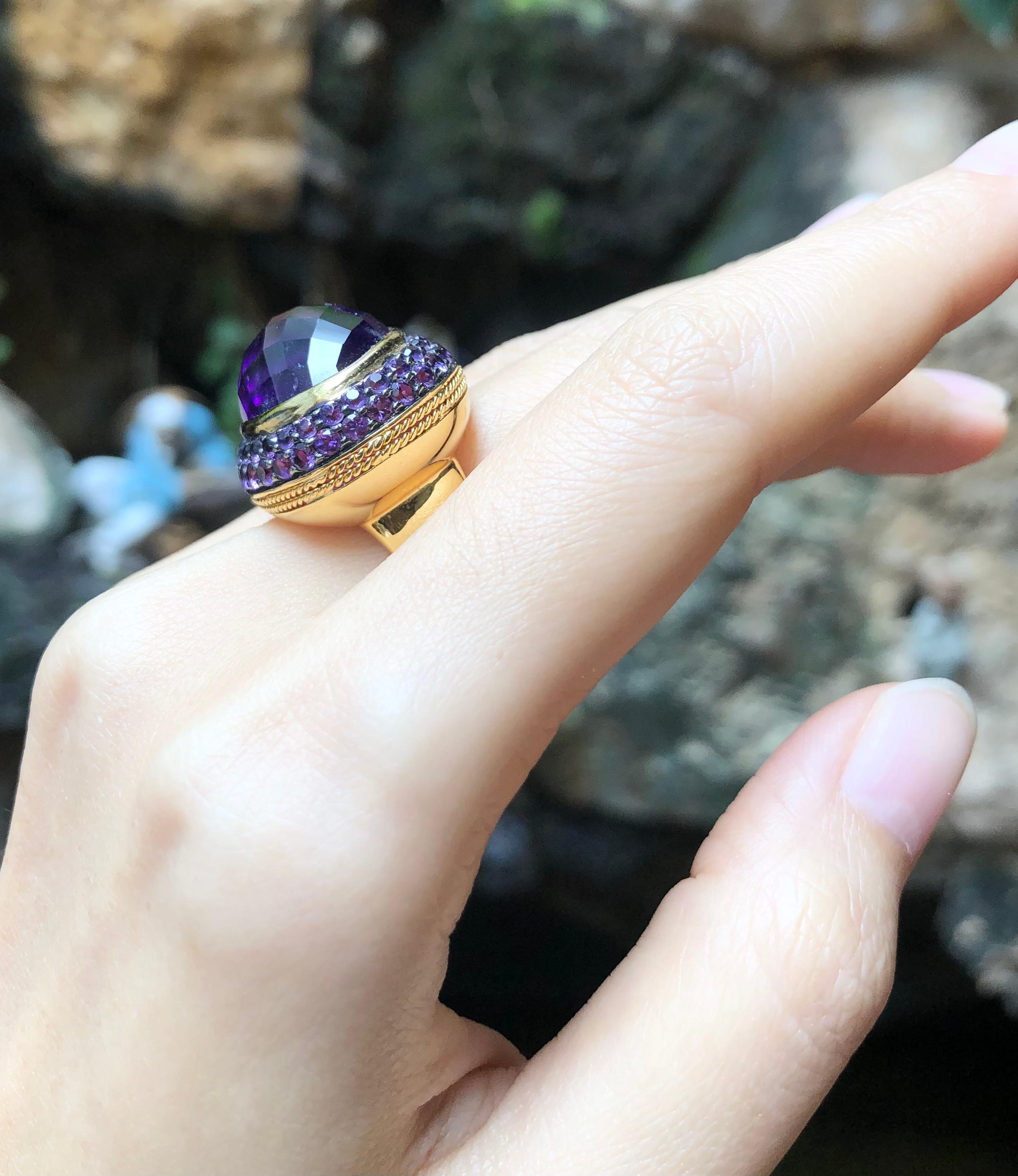 Women's Cabochon Amethyst with Amethyst Ring Set in 18 Karat Gold Settings For Sale