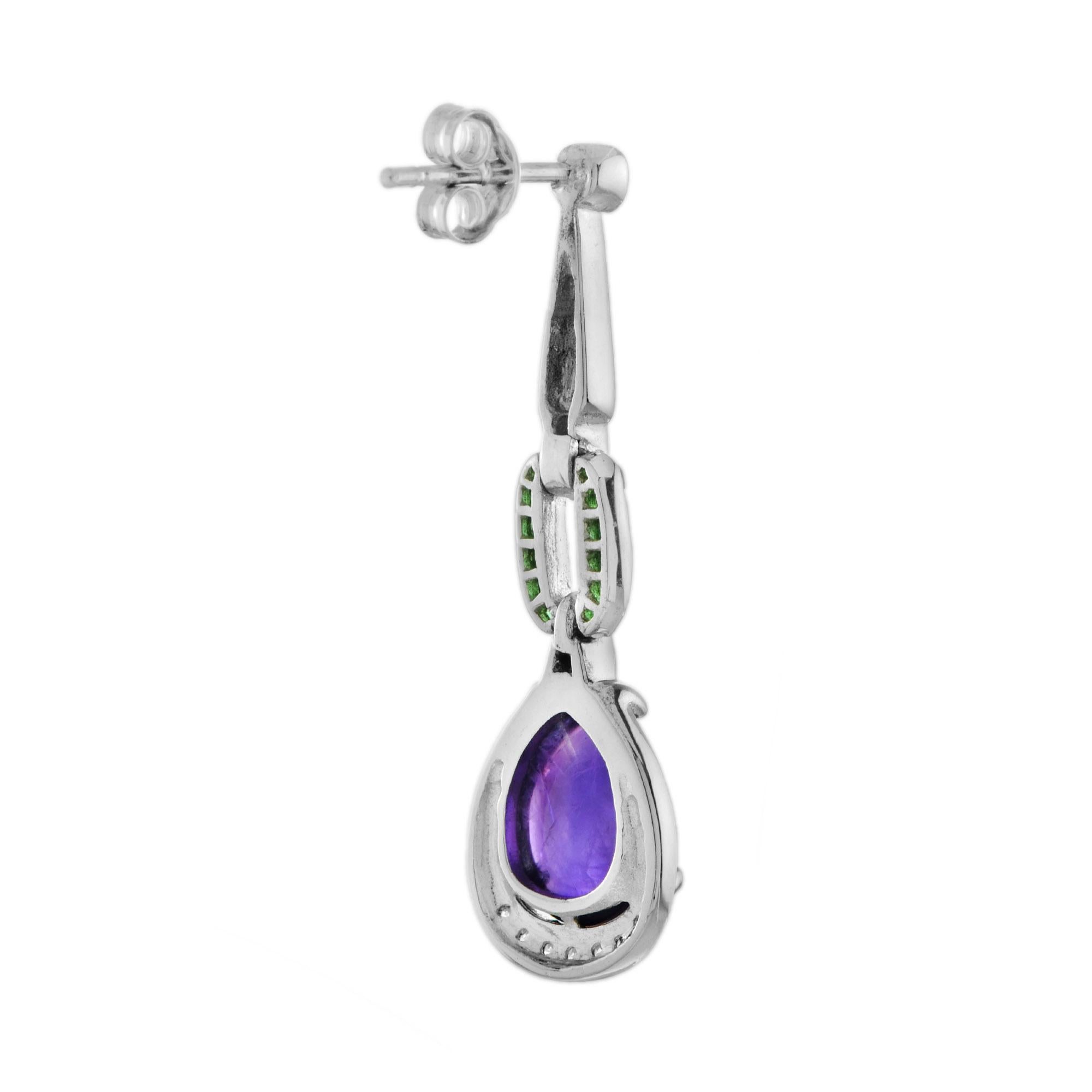 Art Deco Cabochon Amethyst with Diamond and Emerald Dangle Earrings in 14k White Gold For Sale