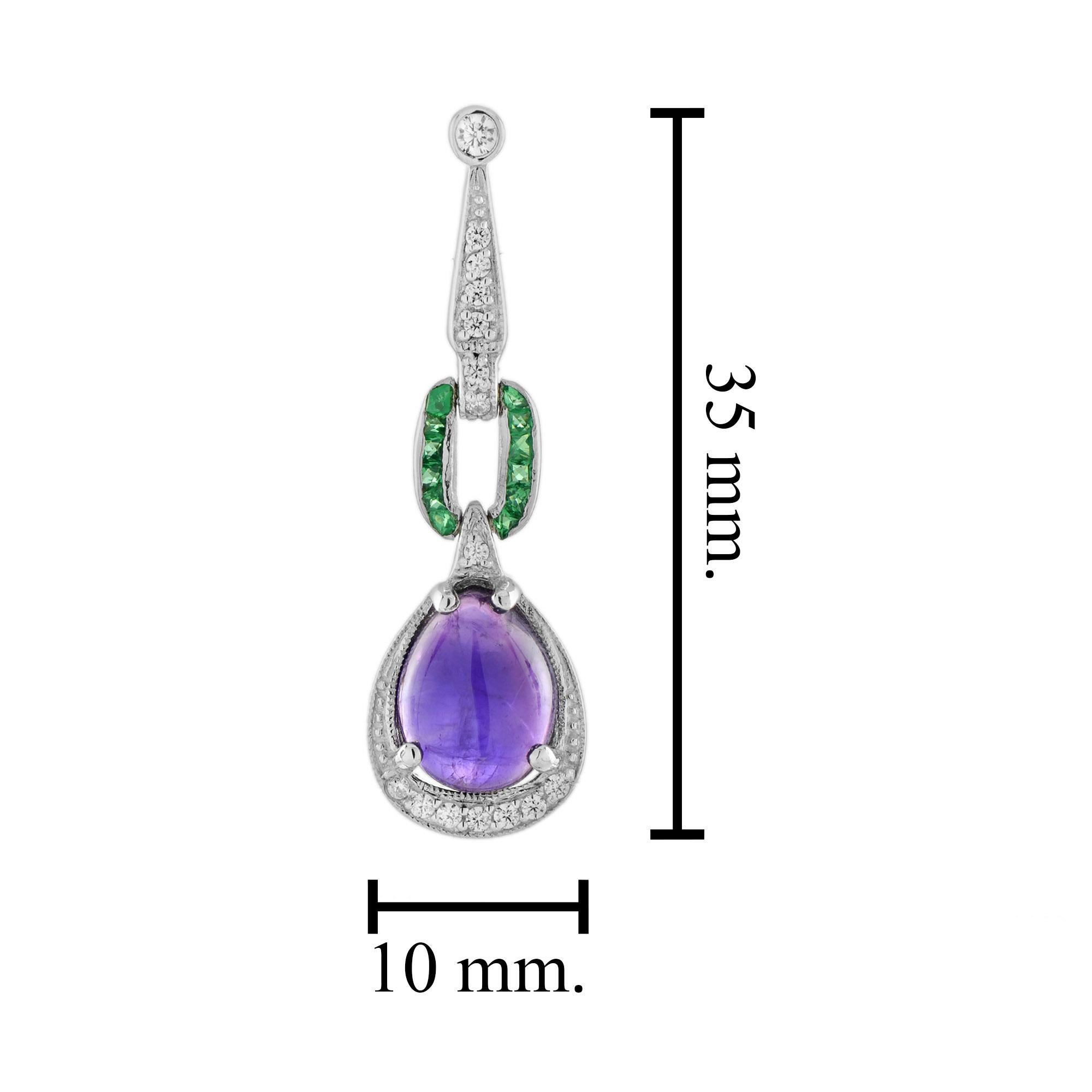 Pear Cut Cabochon Amethyst with Diamond and Emerald Dangle Earrings in 14k White Gold For Sale