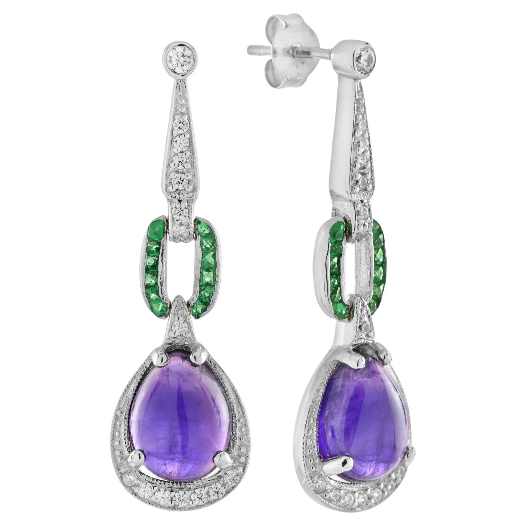 Cabochon Amethyst with Diamond and Emerald Dangle Earrings in 14k White Gold For Sale