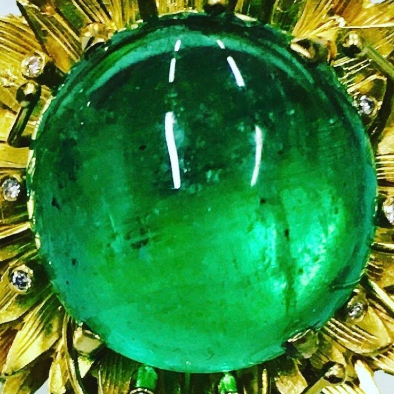Sumptuous floral Colombian 10 carat cabochon emerald earrings set in 18 carat yellow gold with diamond details. Please note this item is made to order and a similar but not identical piece can be made. Allow four weeks to delivery. 

Esther Eyre has