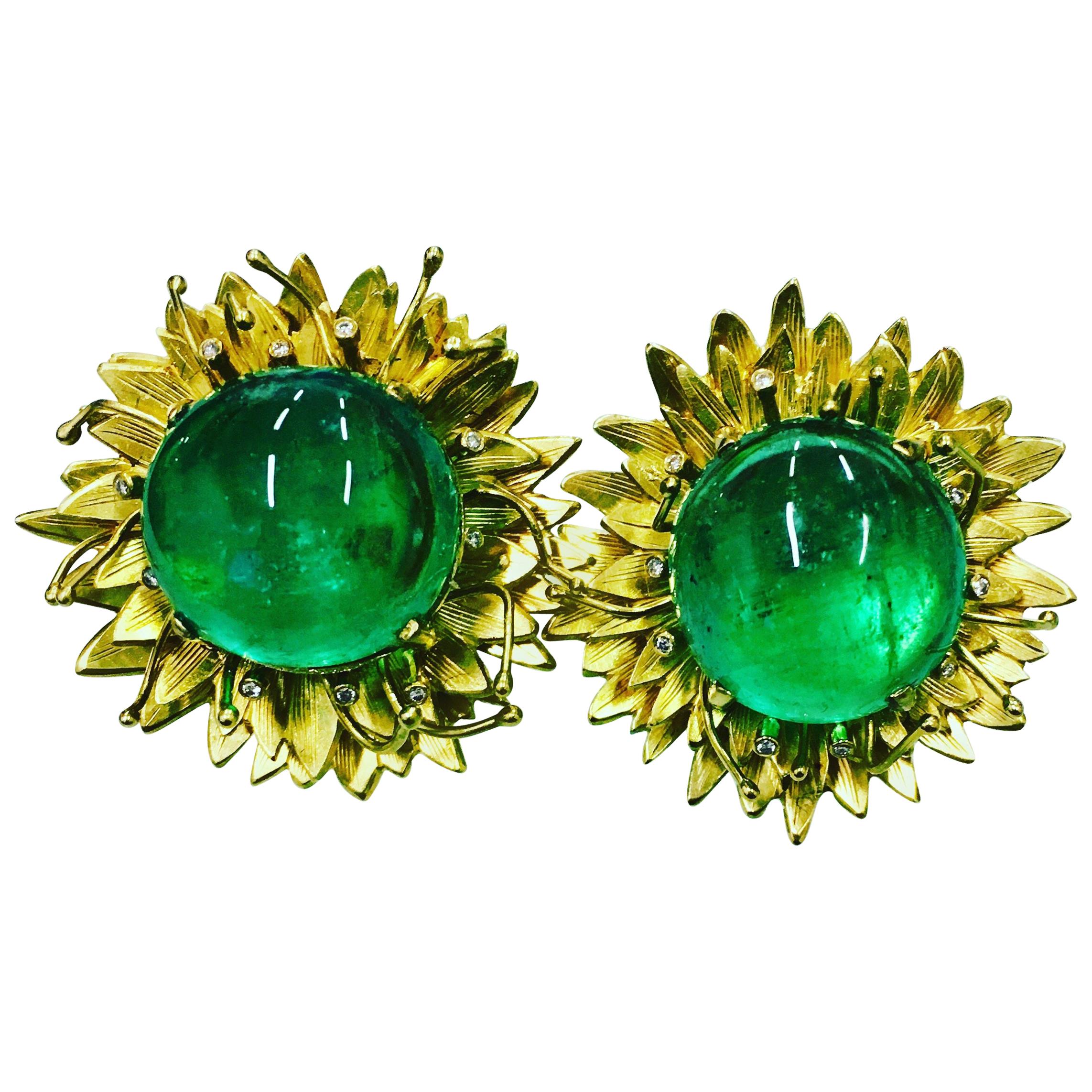  18 Carat Yellow Gold Colombian 10 Carat Cabochon and Diamond Flower Earrings
