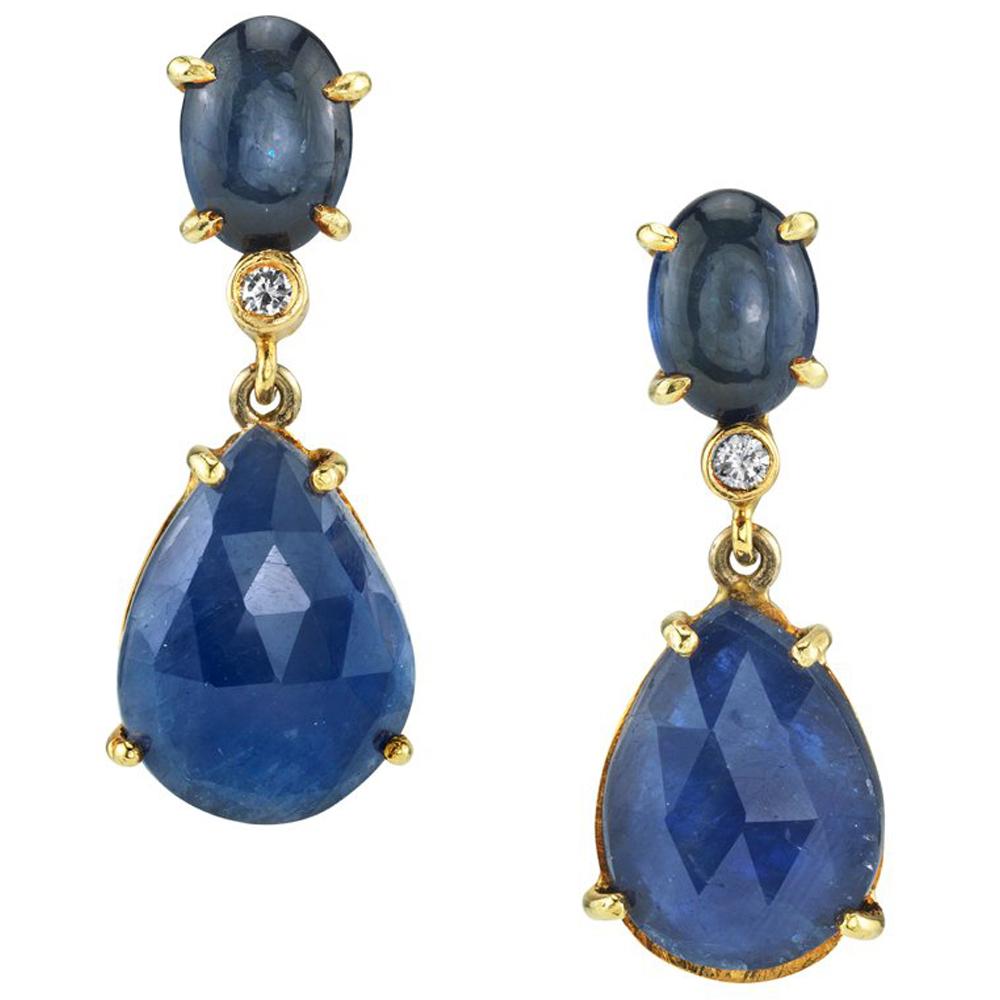 Cabochon & Rose Cut Blue Sapphire & Diamond 18 Karat Yellow Gold Dangle Earrings