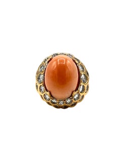 Cabochon Angel Skin Coral and Diamond 18K Yellow Gold Cocktail Ring