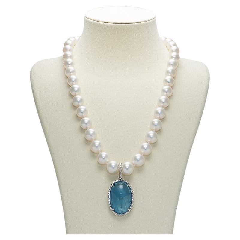 Cabochon Aquamarine and Diamond Gold Statement Pendant Necklace