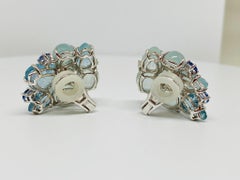 Cabochon Aquamarine and Sapphire Earrings in 18KT White Gold