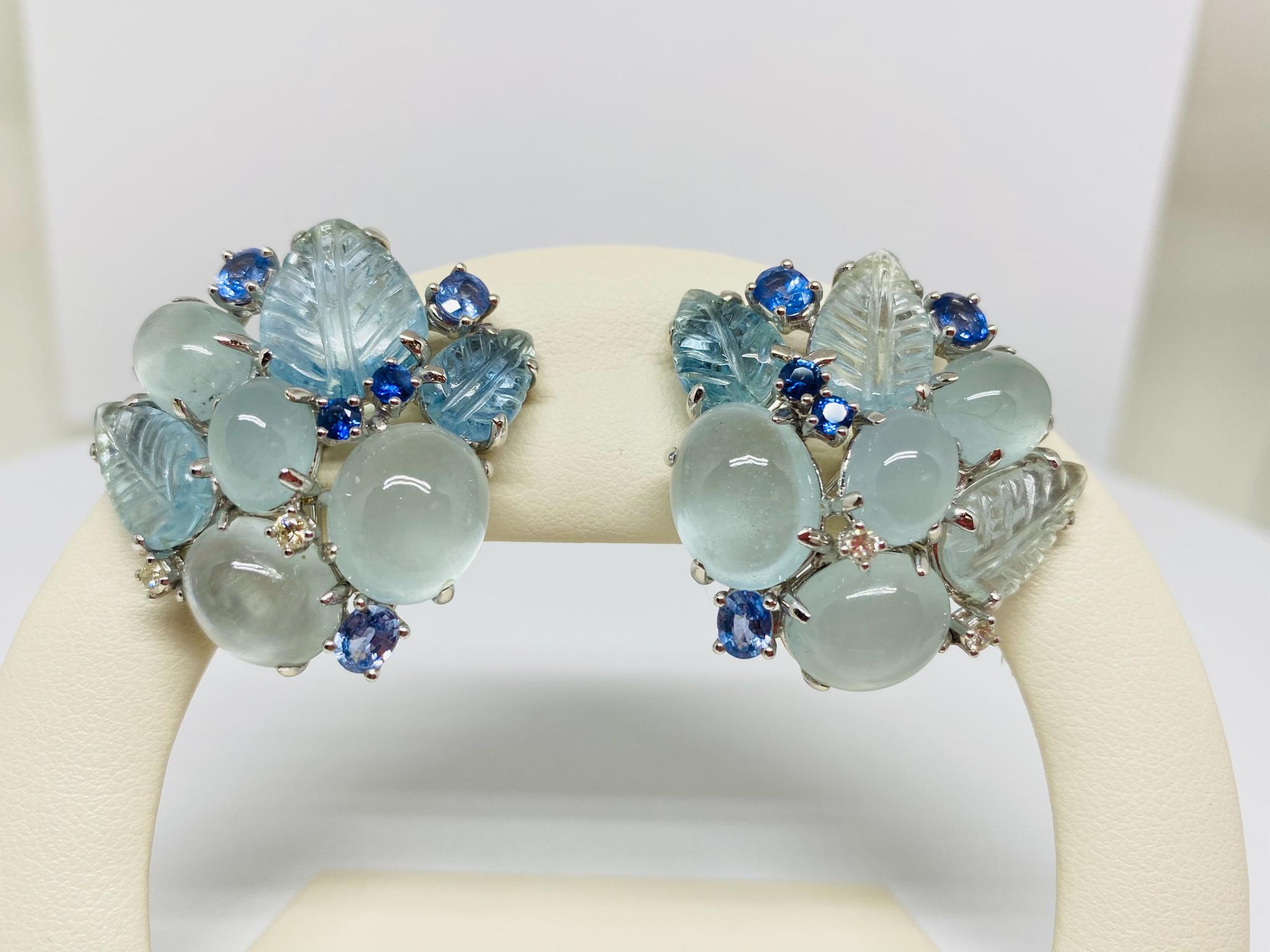 Women's Cabochon Aquamarine and Sapphire Earrings in 18KT White Gold For Sale