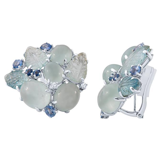 Cabochon Aquamarine and Sapphire Earrings in 18KT White Gold For Sale