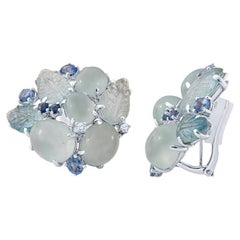 Cabochon Aquamarine and Sapphire Earrings in 18KT White Gold