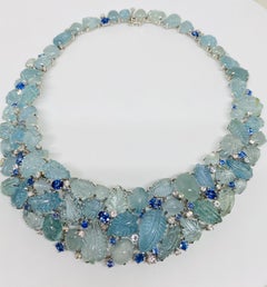 Cabochon Aquamarine and Sapphire Necklace in 18KT White Gold