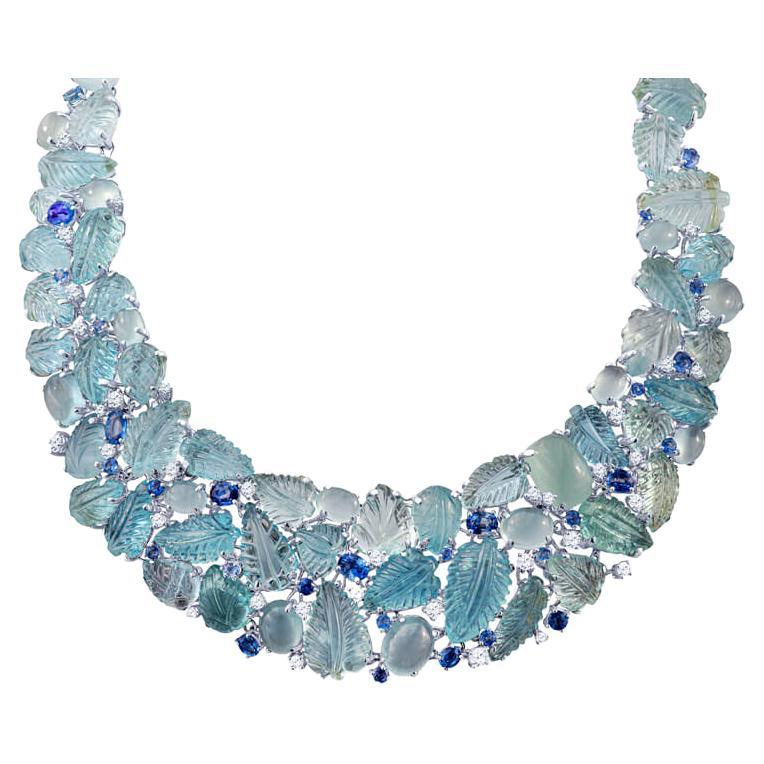 Cabochon Aquamarine and Sapphire Necklace in 18KT White Gold