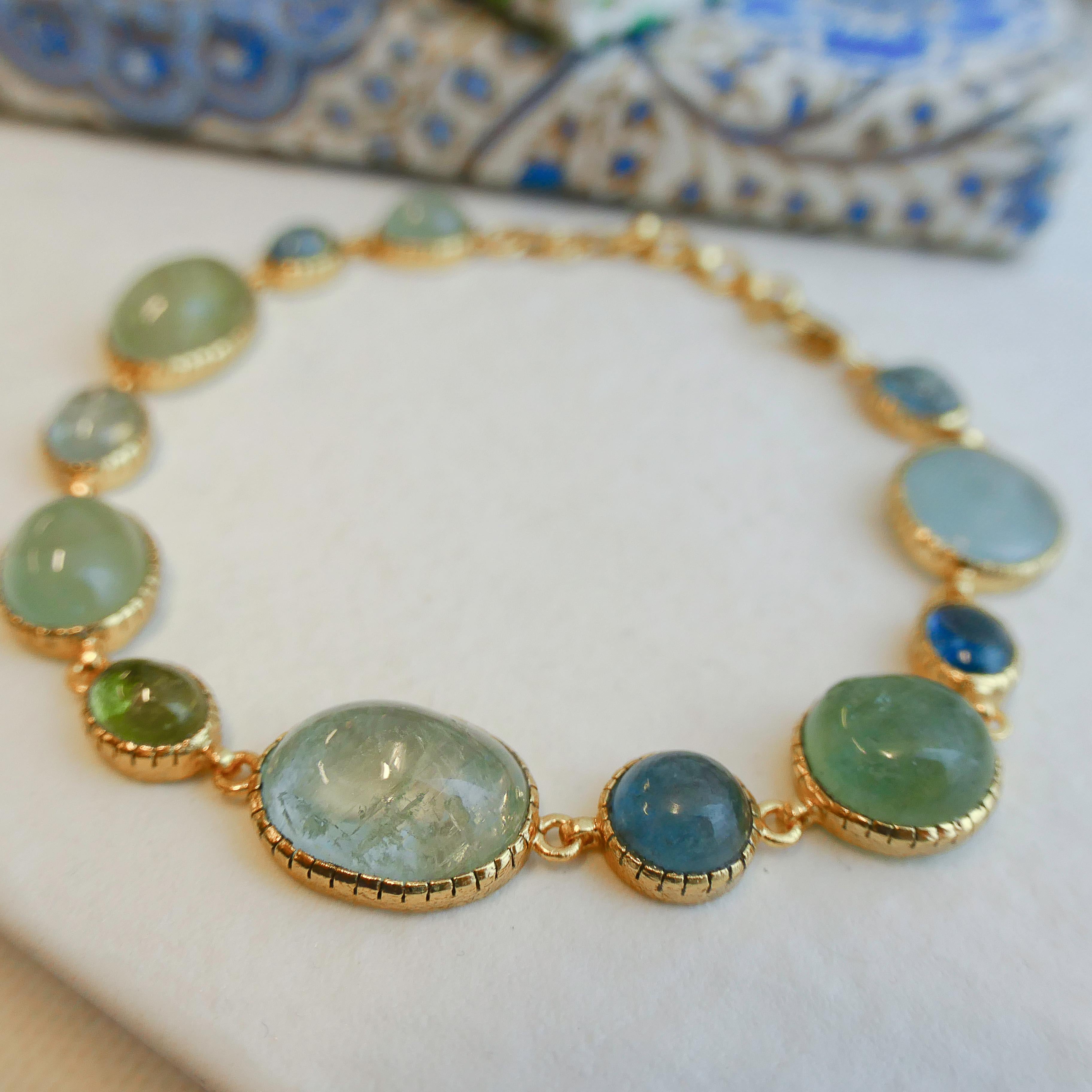 Cabochon Aquamarine Gold Plated Sterling Silver Bracelet For Sale 10