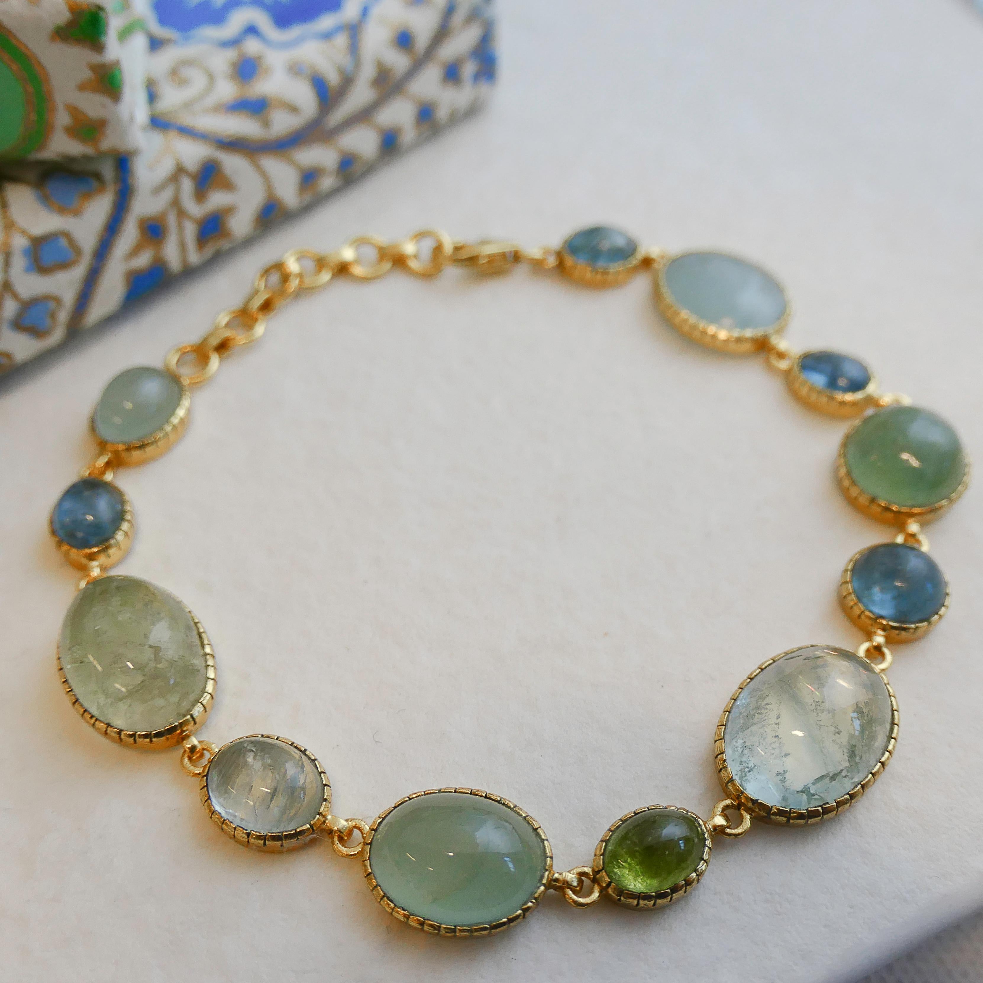 Cabochon Aquamarine Gold Plated Sterling Silver Bracelet For Sale 18