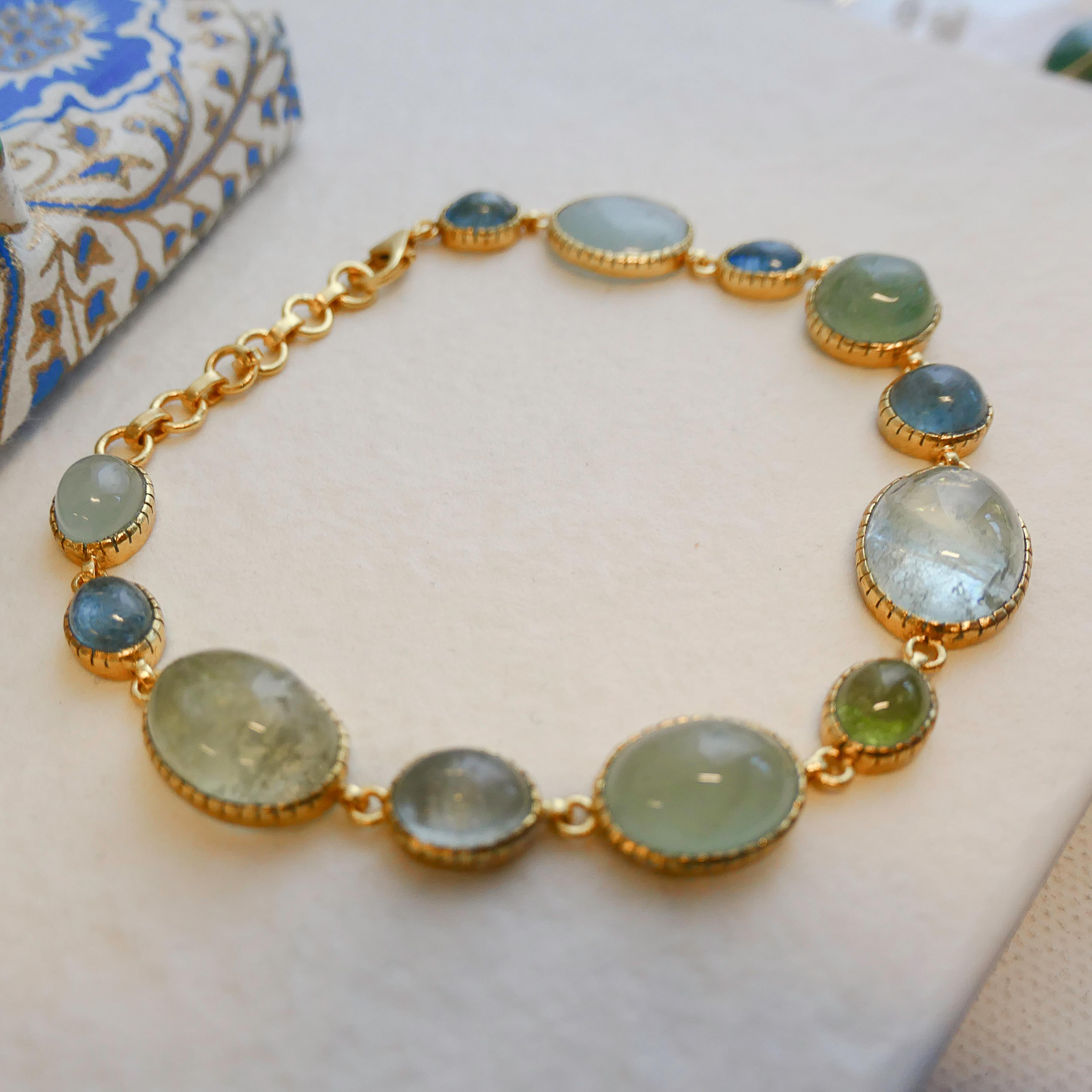 Artisan Cabochon Aquamarine Gold Plated Sterling Silver Bracelet For Sale