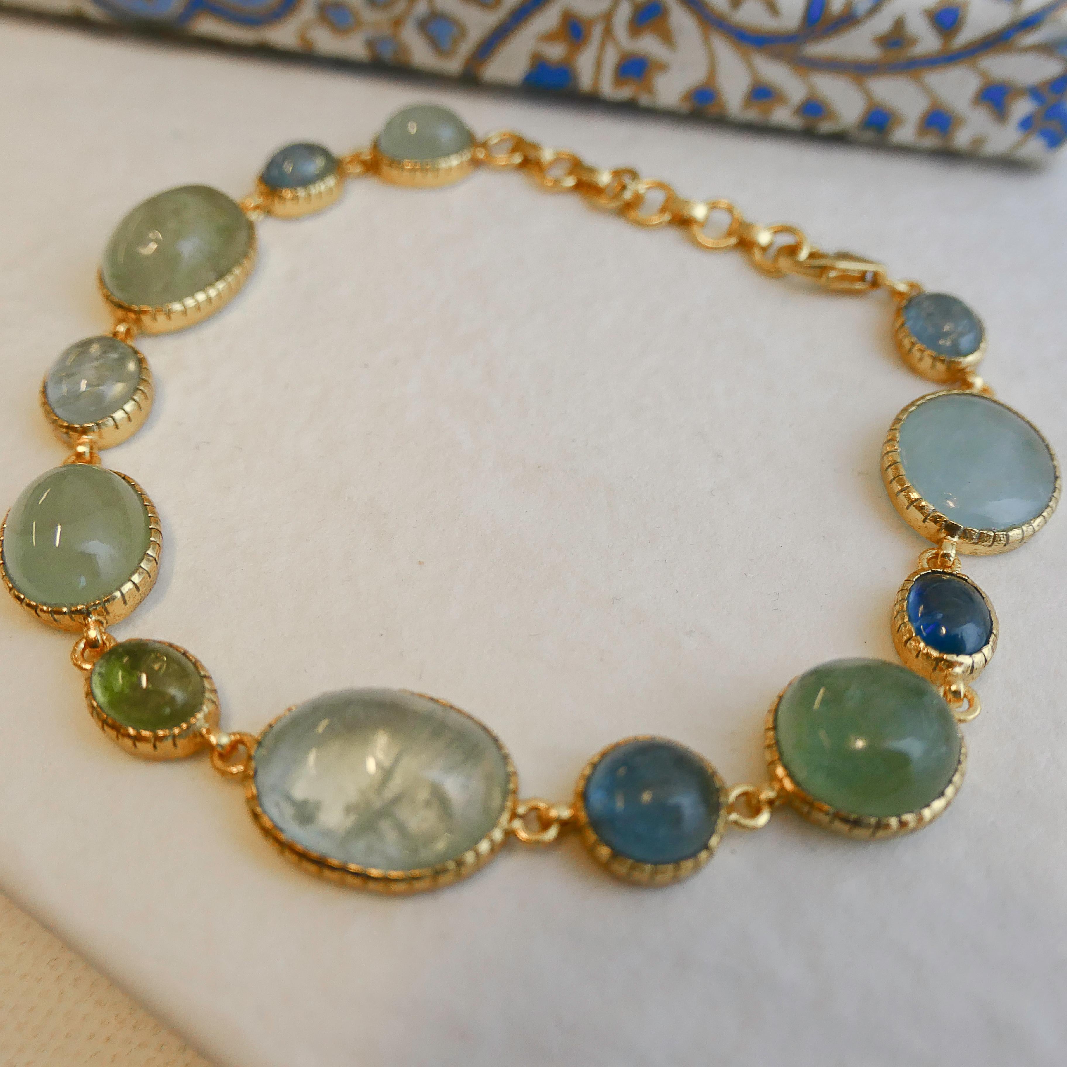 Cabochon Aquamarine Gold Plated Sterling Silver Bracelet In New Condition For Sale In Oslo, 03