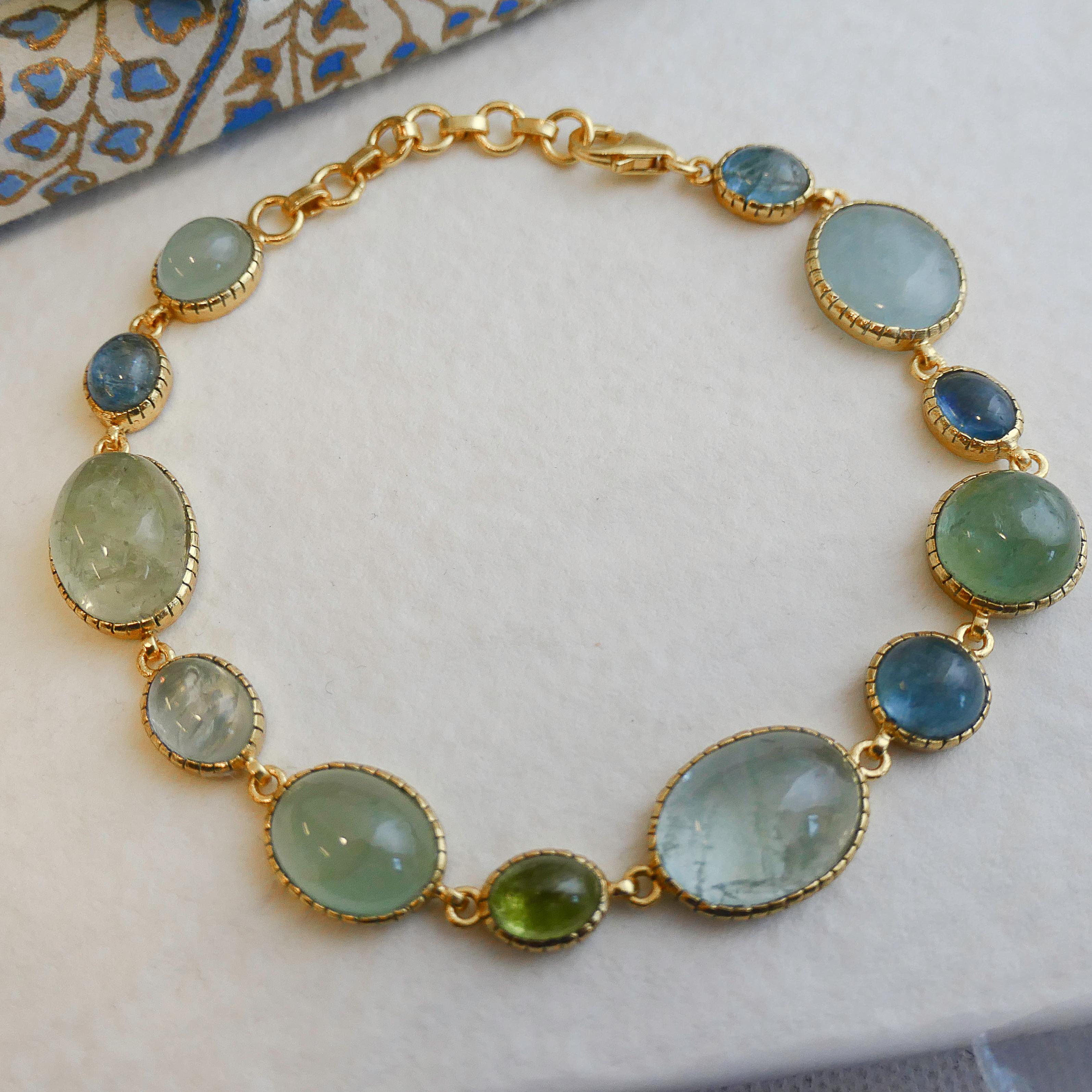 Women's Cabochon Aquamarine Gold Plated Sterling Silver Bracelet For Sale