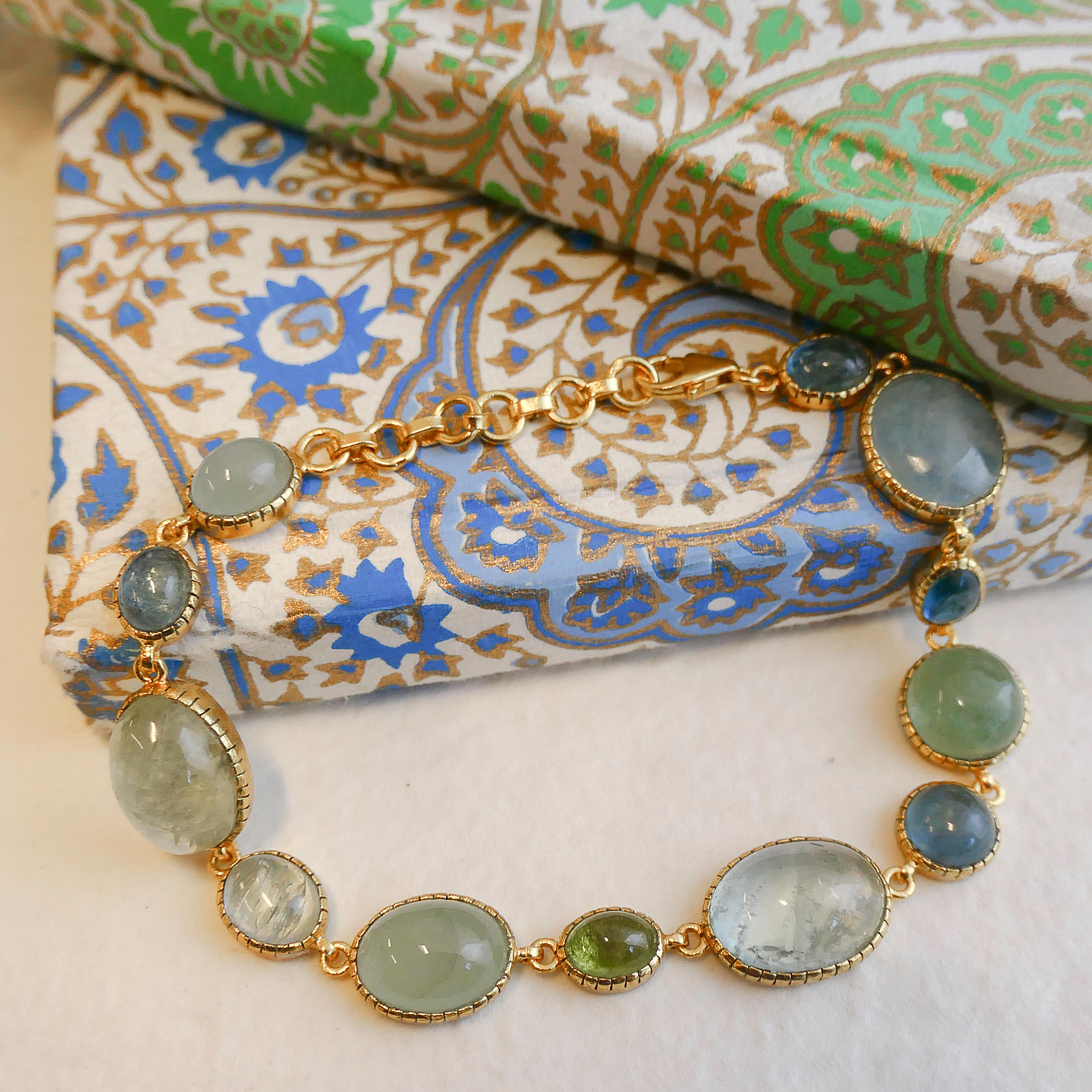 Cabochon Aquamarine Gold Plated Sterling Silver Bracelet For Sale 3