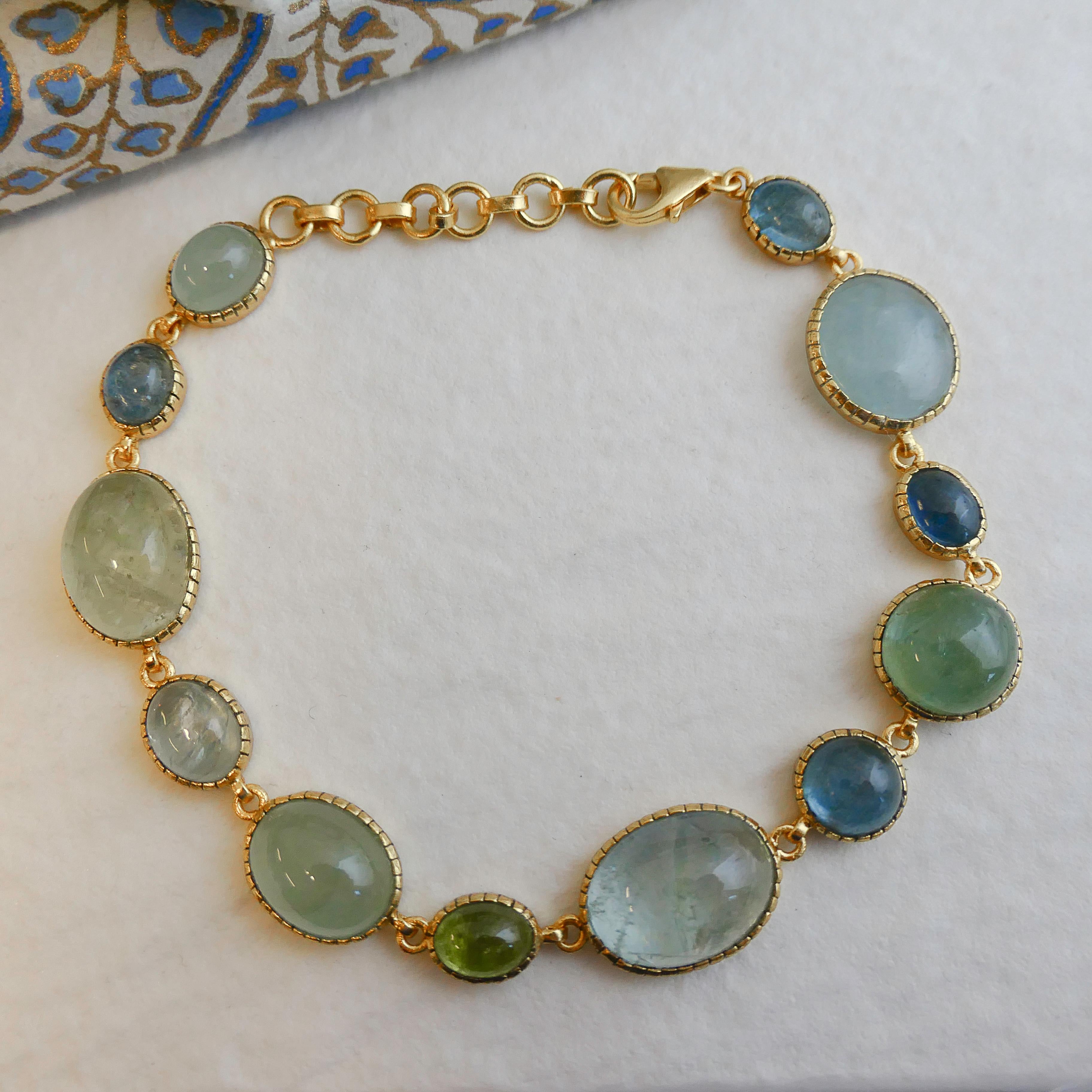 Cabochon Aquamarine Gold Plated Sterling Silver Bracelet For Sale 4