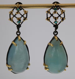 Cabochon Aquamarine Pear and Blue Topaz Dangle Earrings