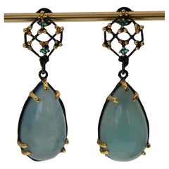 Cabochon Aquamarine Pear and Blue Topaz Dangle Earrings