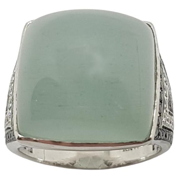 Cabochon Aquamarine with Diamond and Black Diamond Ring in 18 Karat White Gold For Sale
