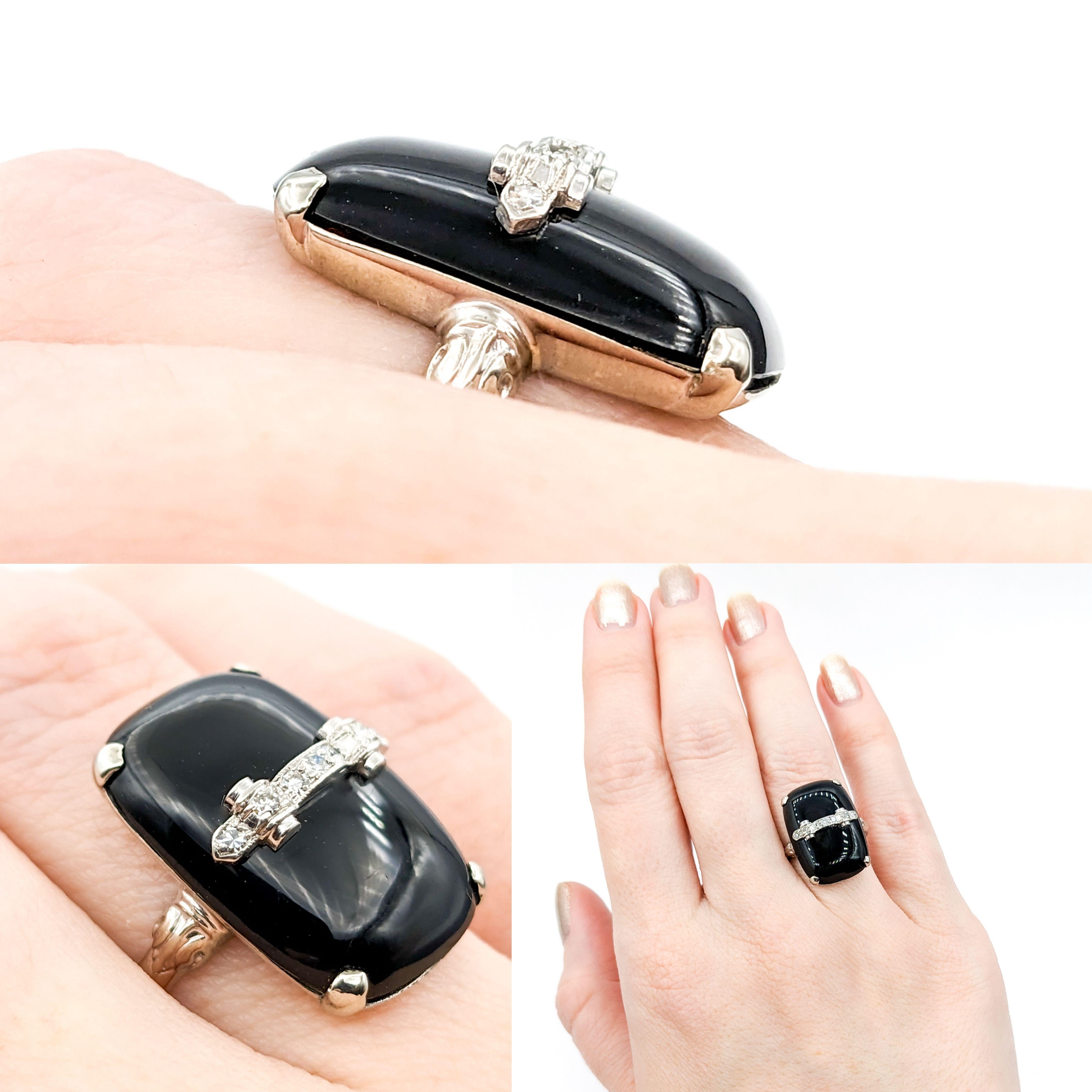 Unique Cabochon Black Onyx & Diamond Cocktail Ring

Step into the world of classic elegance with this vintage ring, exquisitely fashioned in 14k white gold. It spotlights .10ctw of single cut diamonds that radiate with SI clarity and a