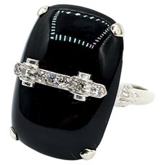 Retro Cabochon Black Onyx & Diamond Cocktail Ring