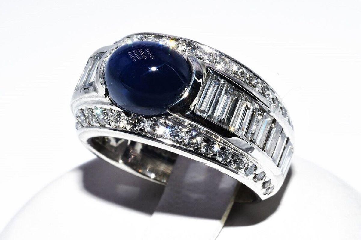   Cabochon Blue Natural Sapphire & Diamond Platinum  5.60 CT. TW. Cocktail Ring For Sale 1