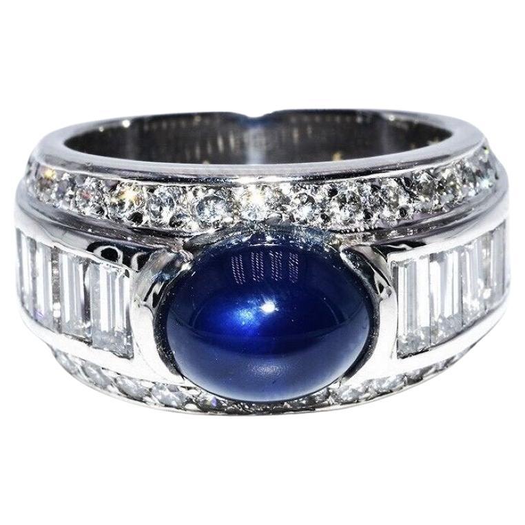  Cabochon Blue Natural Sapphire & Diamond Platinum  5.60 CT. TW. Cocktail Ring For Sale