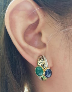 Cabochon Blue Sapphire and Cabochon Emerald with Diamond Earrings 18 Karat Gold
