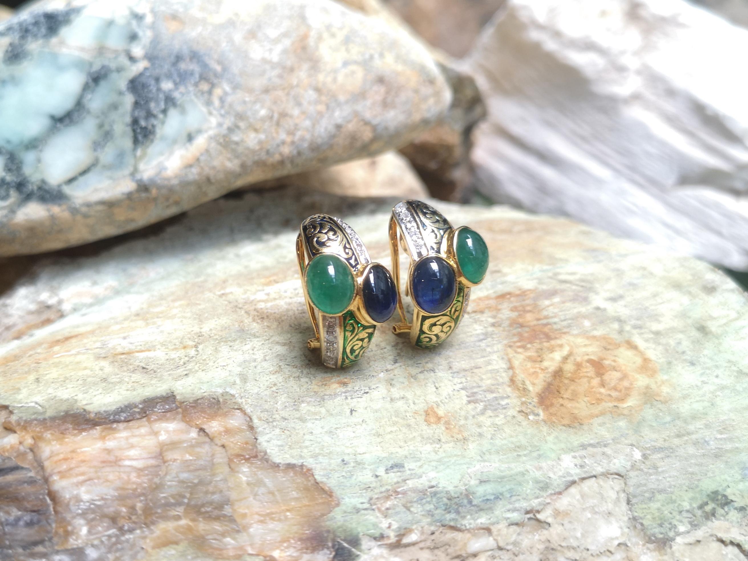 Women's Cabochon Blue Sapphire and Cabochon Emerald with Diamond Earrings 18 Karat Gold For Sale