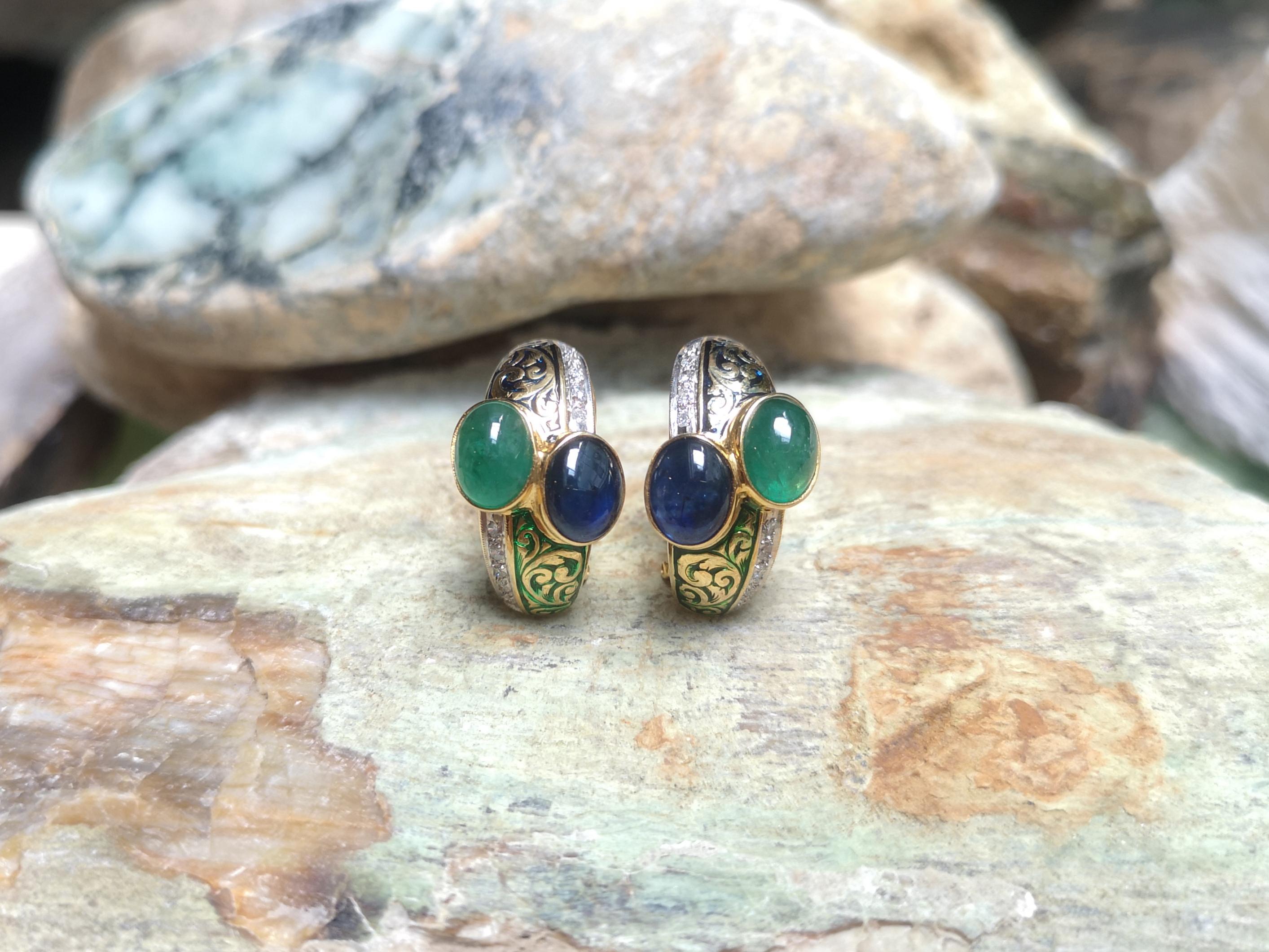 Cabochon Blue Sapphire and Cabochon Emerald with Diamond Earrings 18 Karat Gold For Sale 1